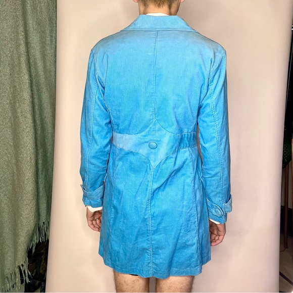 Cyan Blue Corduroy Spring/Fall Knee Length Jacket - Picture 2 of 3